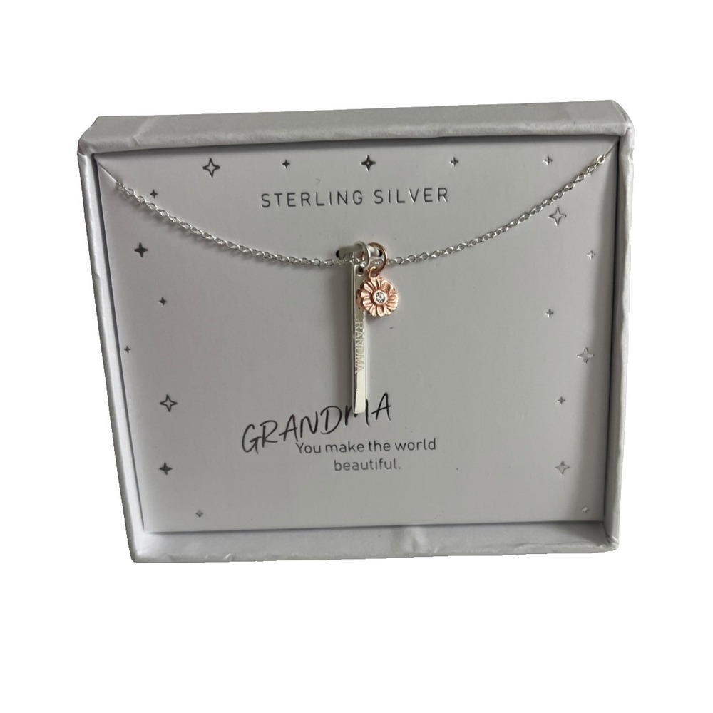 Sterling Silver 925 LACN Grandma Bar Necklace Rose Gold‎ Flower Pendant Gift
